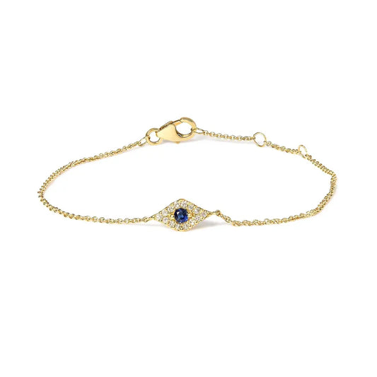 10k yellow gold blue sapphire and diamond accent evil eye station link bracelet (h i color i1 i2 clarity) size 7’’