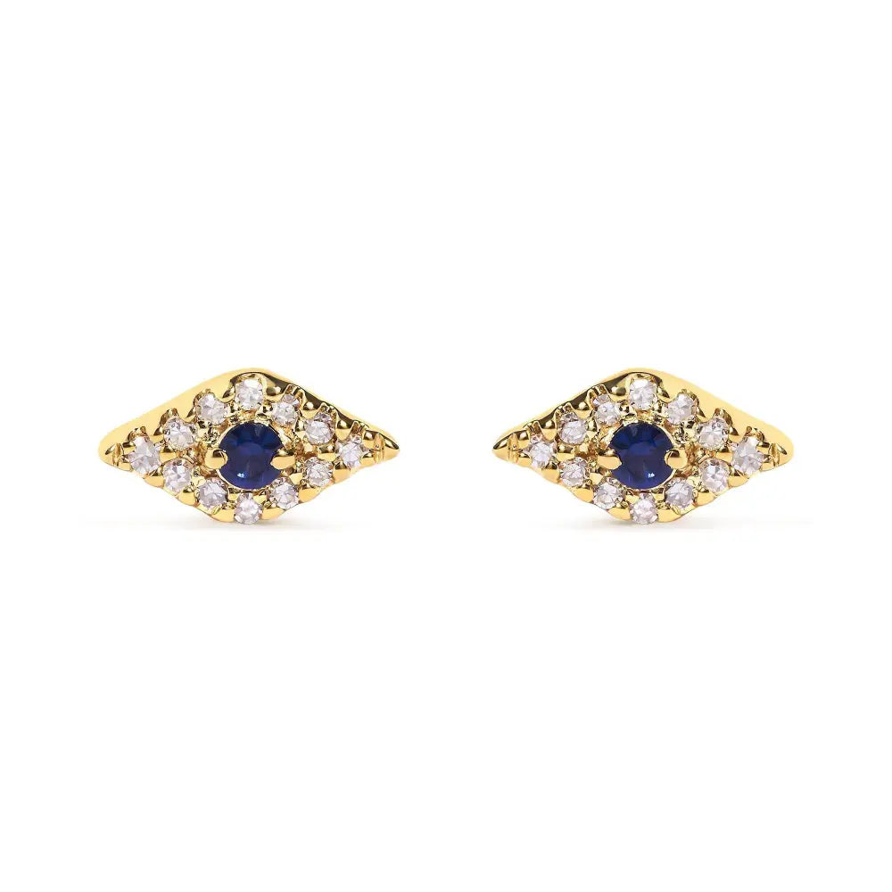 10K Yellow Gold Blue Sapphire and Diamond Accent Evil Eye Stud Earring (H-I Color, I1-I2 Clarity) - Bijoux-NYC Direct