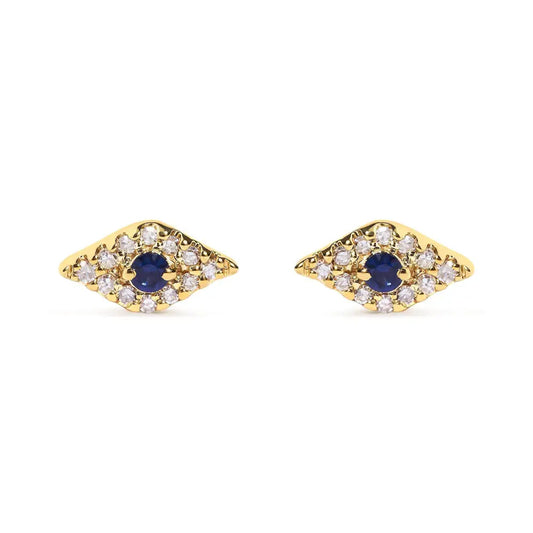 10K Yellow Gold Blue Sapphire and Diamond Accent Evil Eye Stud Earring (H-I Color, I1-I2 Clarity) - Bijoux-NYC Direct