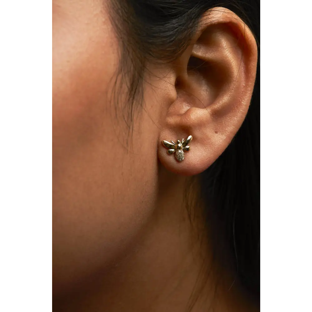 10K Yellow Gold Diamond Accented Bumble Bee Stud Earring (H-I Color, I1-I2 Clarity) - Bijoux-NYC Direct