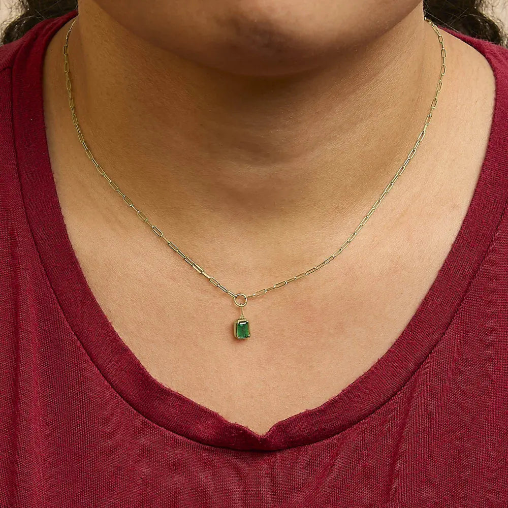 10K Yellow Gold Emerald Cut 6x4 MM Green Emerald Solitaire Pendant Necklace - 18 inch - Bijoux-NYC Direct