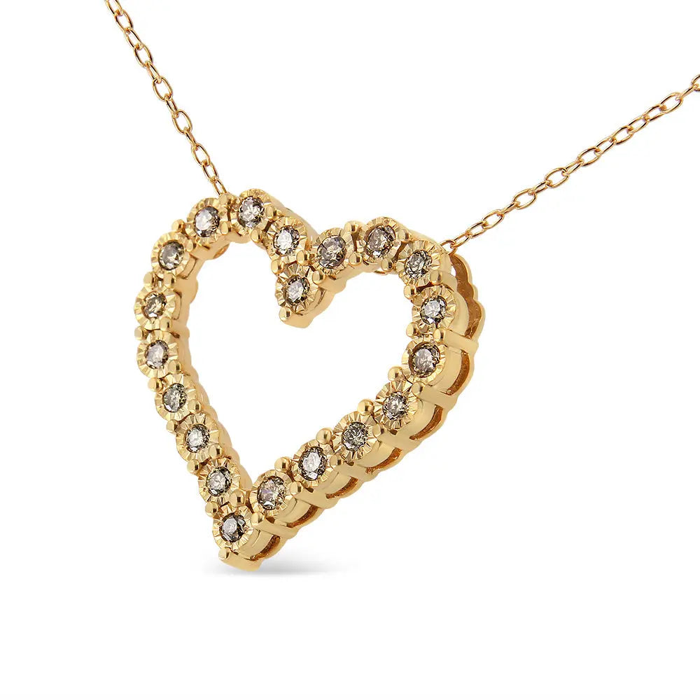 10K Yellow Gold Flashed .925 Sterling Silver 1/2 Cttw Champagne Diamond Miracle Plate Heart Pendant Necklace (K-L Color, I1-I2 Clarity) - 18" - Bijoux-NYC Direct
