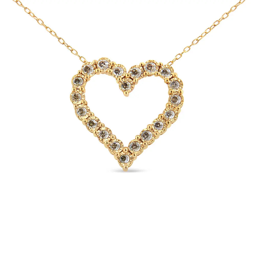 10K Yellow Gold Flashed .925 Sterling Silver 1/2 Cttw Champagne Diamond Miracle Plate Heart Pendant Necklace (K-L Color, I1-I2 Clarity) - 18" - Bijoux-NYC Direct