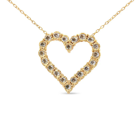 10K Yellow Gold Flashed .925 Sterling Silver 1/2 Cttw Champagne Diamond Miracle Plate Heart Pendant Necklace (K-L Color, I1-I2 Clarity) - 18" - Bijoux-NYC Direct