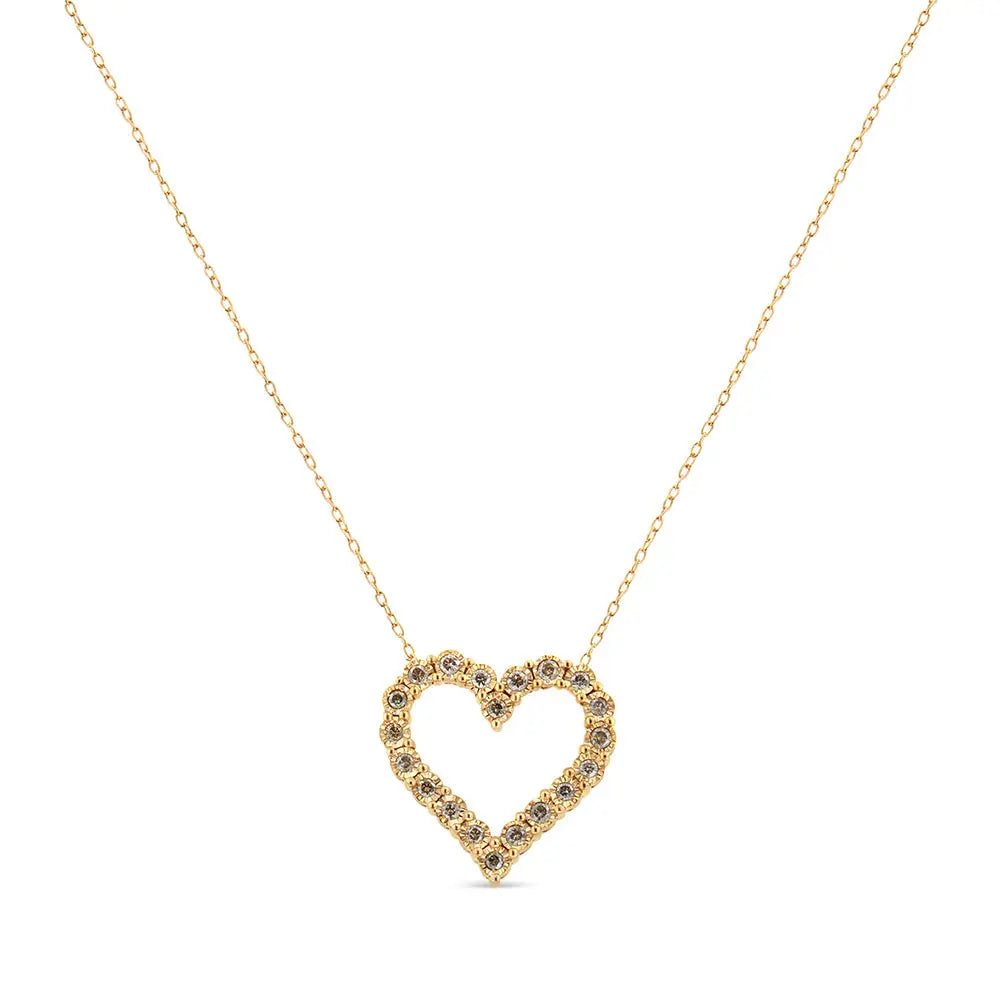 10K Yellow Gold Flashed .925 Sterling Silver 1/2 Cttw Champagne Diamond Miracle Plate Heart Pendant Necklace (K-L Color, I1-I2 Clarity) - 18" - Bijoux-NYC Direct