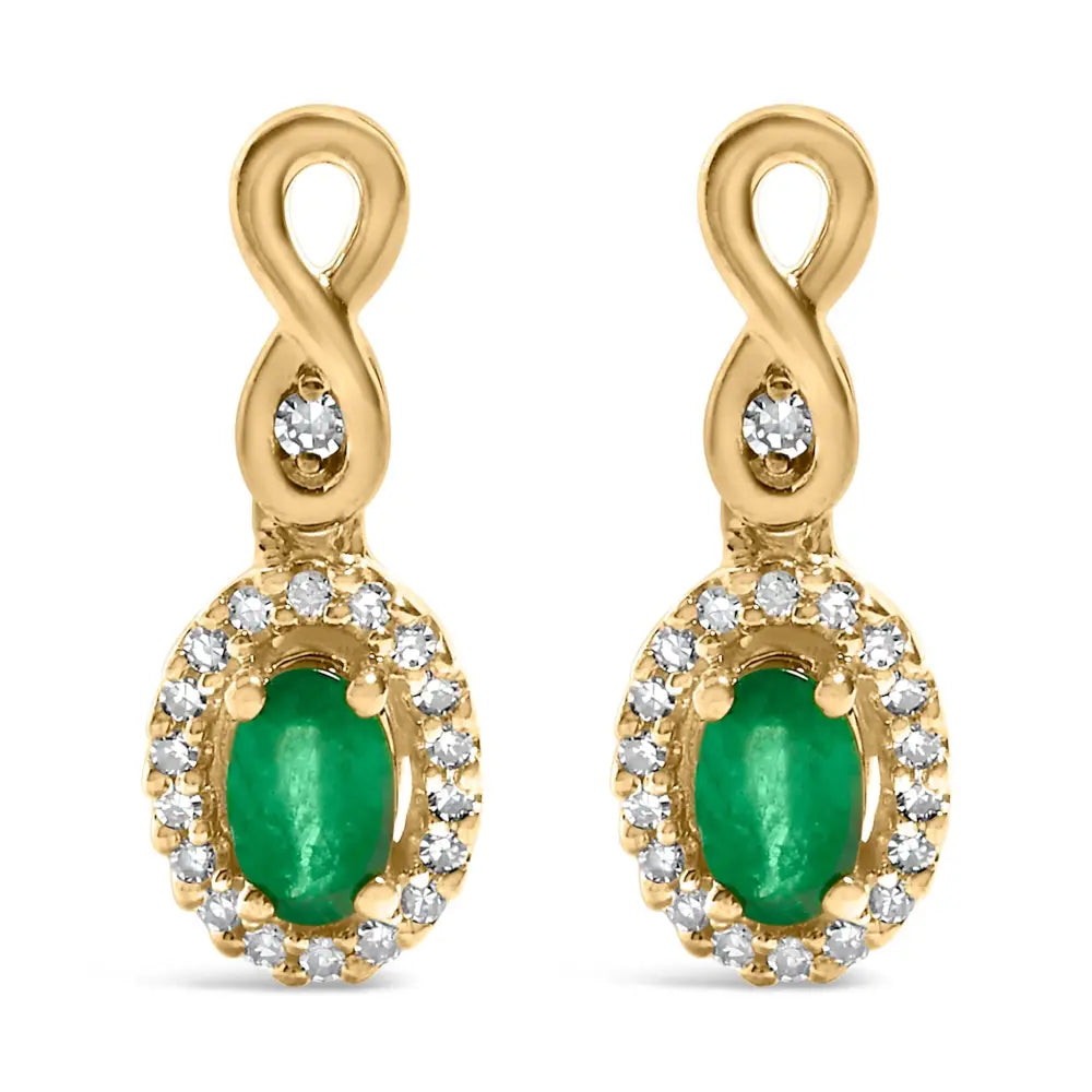 10k yellow gold oval green emerald and 1/7 cttw diamond dangle earrings bijoux-nyc direct