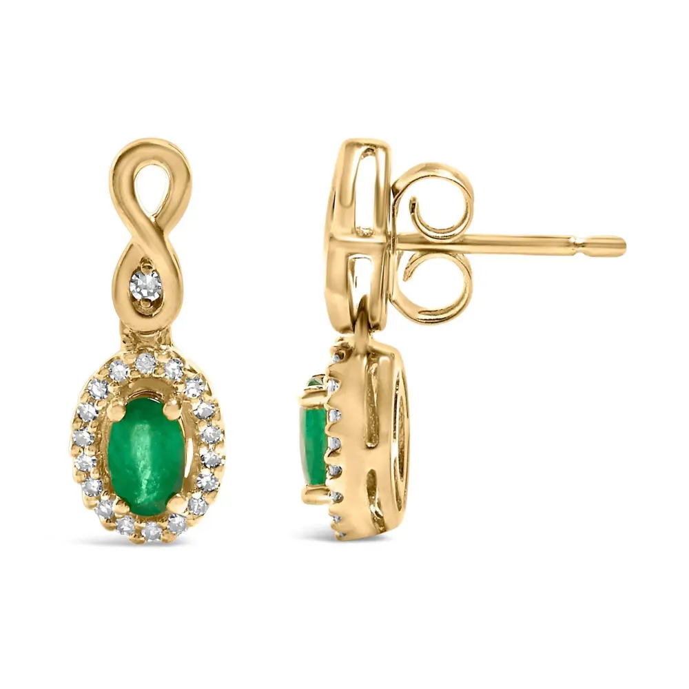 10K Yellow Gold Oval Cut Green Emerald 5x3 mm and 1/7 Cttw Round Diamond Dangle Earrings - Bijoux-NYC Direct