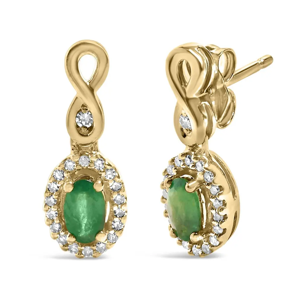 10K Yellow Gold Oval Cut Green Emerald 5x3 mm and 1/7 Cttw Round Diamond Dangle Earrings - Bijoux-NYC Direct