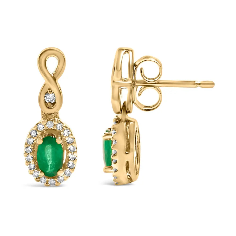 10k yellow gold oval green emerald and 1/7 cttw diamond dangle earrings bijoux-nyc direct
