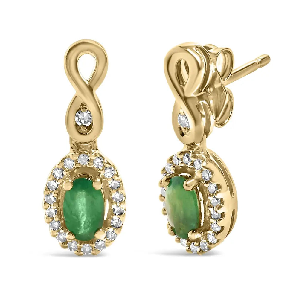 10k yellow gold oval green emerald and 1/7 cttw diamond dangle earrings bijoux-nyc direct
