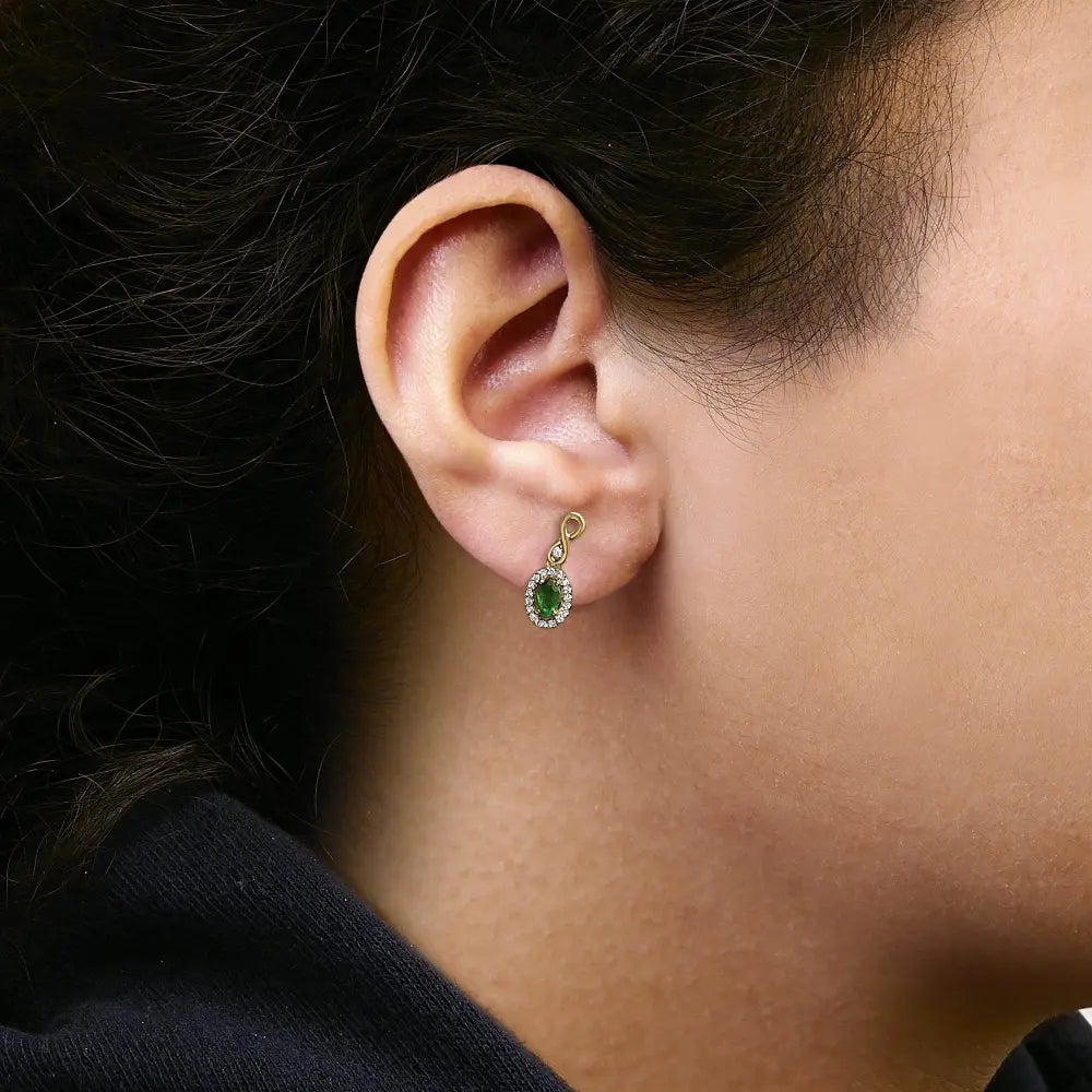 10K Yellow Gold Oval Cut Green Emerald 5x3 mm and 1/7 Cttw Round Diamond Dangle Earrings - Bijoux-NYC Direct