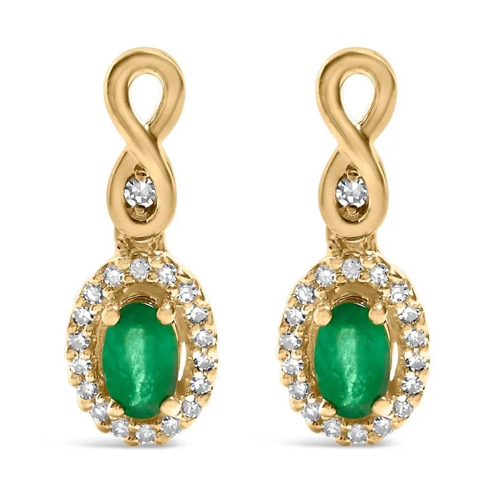 10K Yellow Gold Oval Cut Green Emerald 5x3 mm and 1/7 Cttw Round Diamond Dangle Earrings - Bijoux-NYC Direct