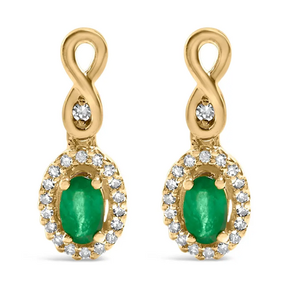 10K Yellow Gold Oval Cut Green Emerald 5x3 mm and 1/7 Cttw Round Diamond Dangle Earrings - Bijoux-NYC Direct