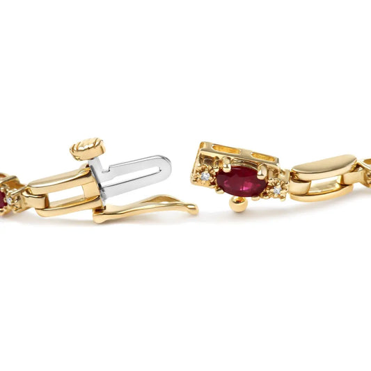 10K Yellow Gold Oval Ruby and 1/10 Cttw Diamond Bar Prong Set Bracelet (H-I Color, SI1-SI2 Clarity)  - Size 7" - Bijoux-NYC Direct