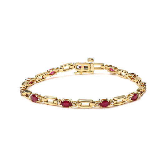 10K Yellow Gold Oval Ruby and 1/10 Cttw Diamond Bar Prong Set Bracelet (H-I Color, SI1-SI2 Clarity)  - Size 7" - Bijoux-NYC Direct