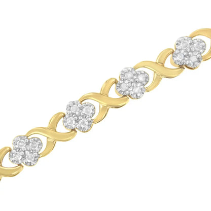 10K Yellow Gold over .925 Sterling Silver 1.0 Cttw Diamond Cluster X Link Tennis Link Bracelet (H-I Color, I3 Clarity) - 7" - Bijoux-NYC Direct