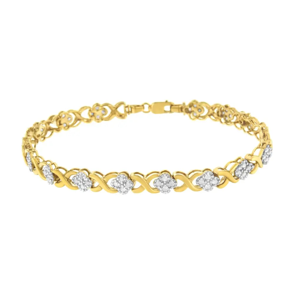 10K Yellow Gold over .925 Sterling Silver 1.0 Cttw Diamond Cluster X Link Tennis Link Bracelet (H-I Color, I3 Clarity) - 7" - Bijoux-NYC Direct