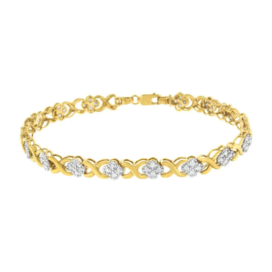 10K Yellow Gold over .925 Sterling Silver 1.0 Cttw Diamond Cluster X Link Tennis Link Bracelet (H-I Color, I3 Clarity) - 7" - Bijoux-NYC Direct
