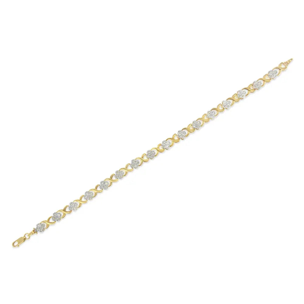 10K Yellow Gold over .925 Sterling Silver 1.0 Cttw Diamond Cluster X Link Tennis Link Bracelet (H-I Color, I3 Clarity) - 7" - Bijoux-NYC Direct