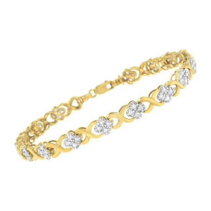 10K Yellow Gold over .925 Sterling Silver 1.0 Cttw Diamond Cluster X Link Tennis Link Bracelet (H-I Color, I3 Clarity) - 7" - Bijoux-NYC Direct