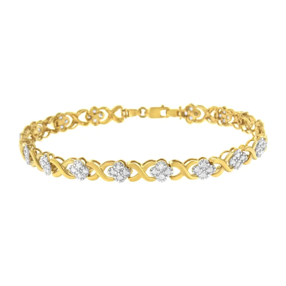 10K Yellow Gold over .925 Sterling Silver 1.0 Cttw Diamond Cluster X Link Tennis Link Bracelet (H-I Color, I3 Clarity) - 7" - Bijoux-NYC Direct