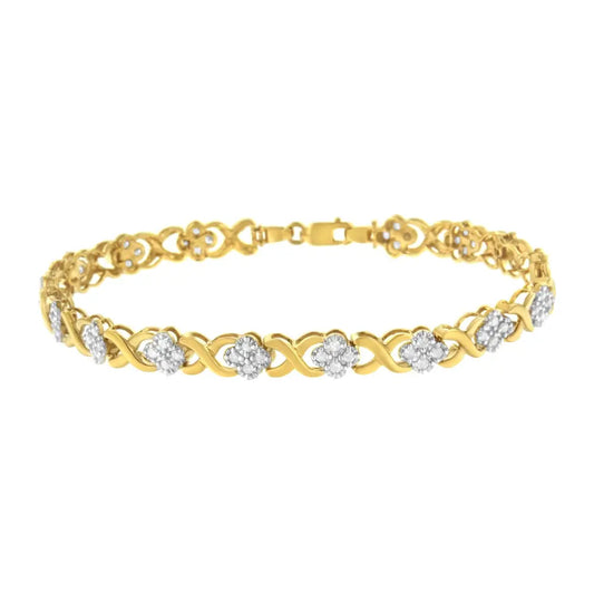 10K Yellow Gold over .925 Sterling Silver 1.0 Cttw Diamond Cluster X Link Tennis Link Bracelet (H-I Color, I3 Clarity) - 7" - Bijoux-NYC Direct