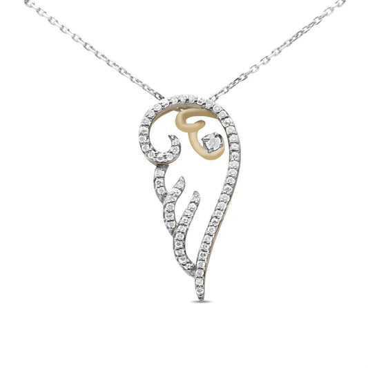 10K Yellow Gold over .925 Sterling Silver 1/4 Cttw Diamond Angel Wing 18" Pendant Necklace (H-I Color, I1-I2 Clarity) - Bijoux-NYC Direct