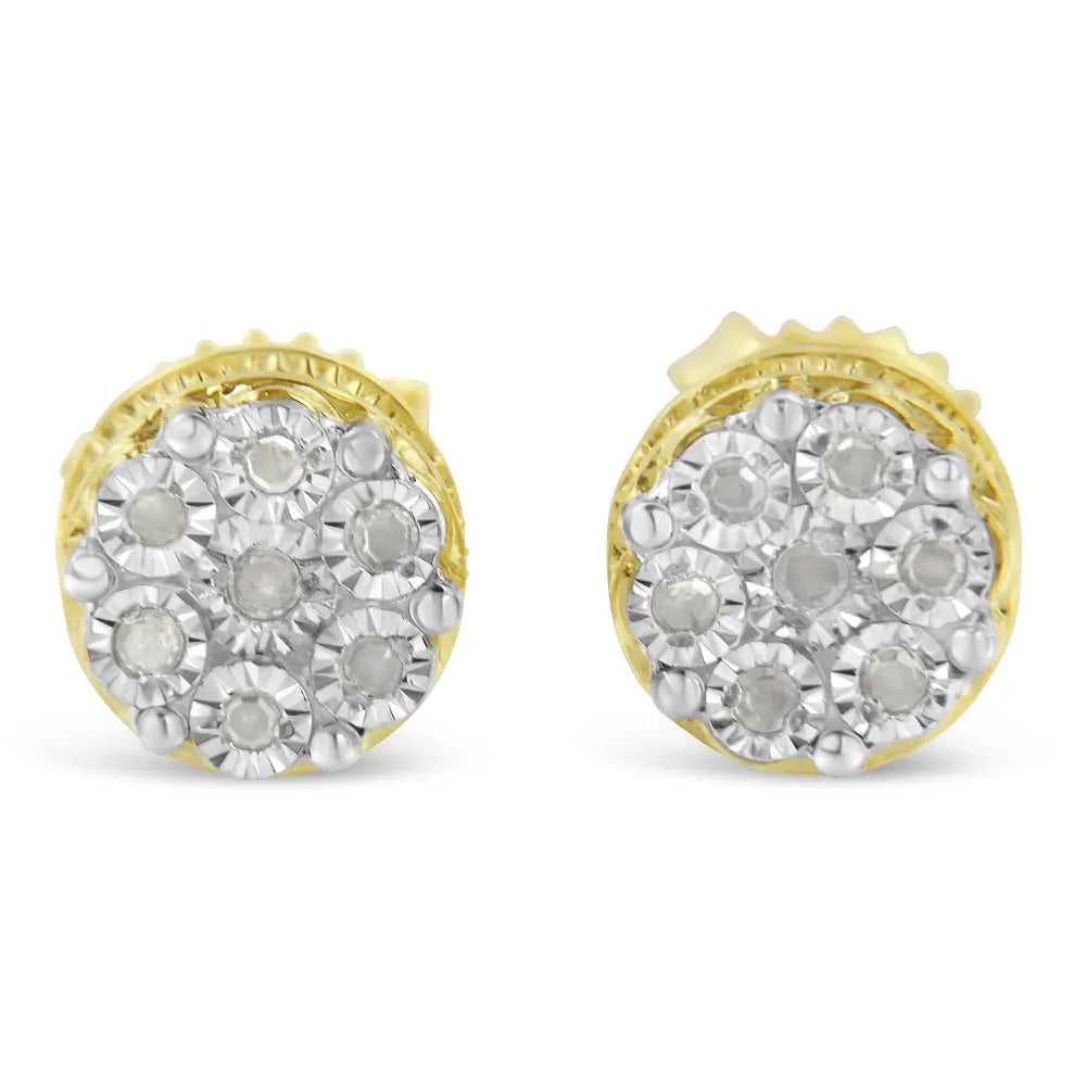 10K Yellow Gold over .925 Sterling Silver 1/7 Cttw Rose-Cut Miracle-Set Diamond Floral Cluster Button Stud Earrings (I-J Color, I3 Clarity) - Bijoux-NYC Direct