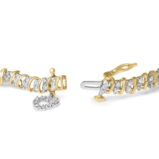 10k yellow gold over.925 sterling silver 2.0 cttw diamond heart charm 7’’ link bracelet (i j color i3 clarity)