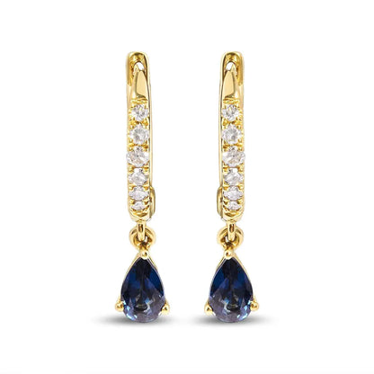10K Yellow Gold Pear Blue Sapphire and 1/10 Cttw Diamond Drop and Dangle Huggy Hoop Earrings (H-I Color, I1-I2 Clarity) - Bijoux-NYC Direct
