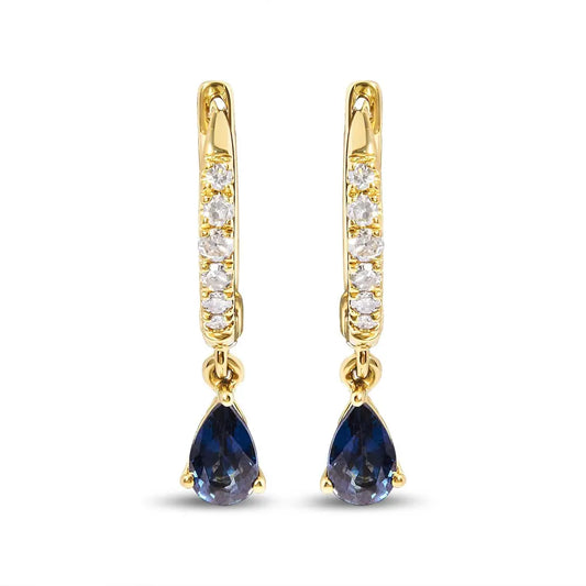 10K Yellow Gold Pear Blue Sapphire and 1/10 Cttw Diamond Drop and Dangle Huggy Hoop Earrings (H-I Color, I1-I2 Clarity) - Bijoux-NYC Direct