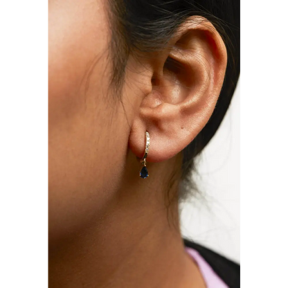 10K Yellow Gold Pear Blue Sapphire and 1/10 Cttw Diamond Drop and Dangle Huggy Hoop Earrings (H-I Color, I1-I2 Clarity) - Bijoux-NYC Direct