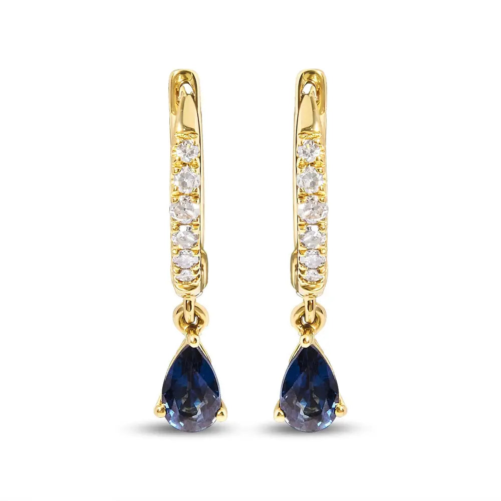 Pear blue sapphire & diamond drop huggy hoop earrings in 10k yellow gold – 1/10 cttw bijoux-nyc direct