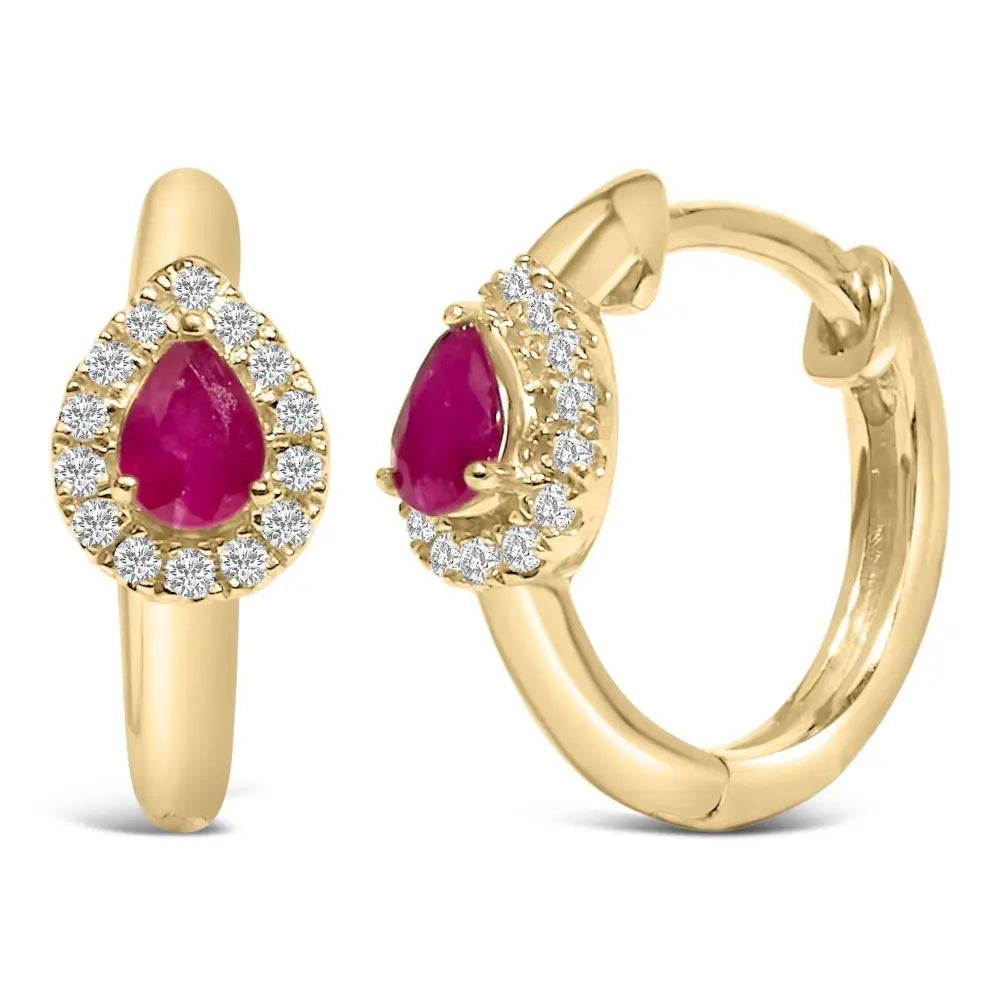 10K Yellow Gold Pear Cut Red Ruby 4x3 mm and 1/10 Cttw Round Diamond Huggy Earrings (I-J Color, I1-I2 Clarity) - Bijoux-NYC Direct