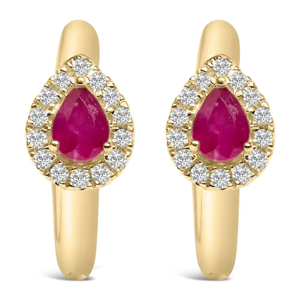 10k yellow gold pear ruby and 1/10 cttw diamond huggie earrings bijoux-nyc direct