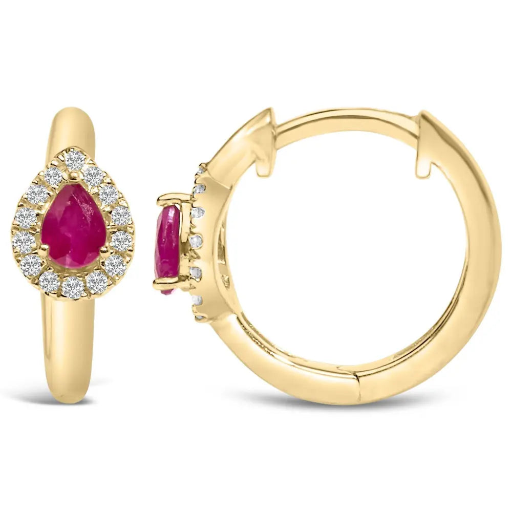 10K Yellow Gold Pear Cut Red Ruby 4x3 mm and 1/10 Cttw Round Diamond Huggy Earrings (I-J Color, I1-I2 Clarity) - Bijoux-NYC Direct