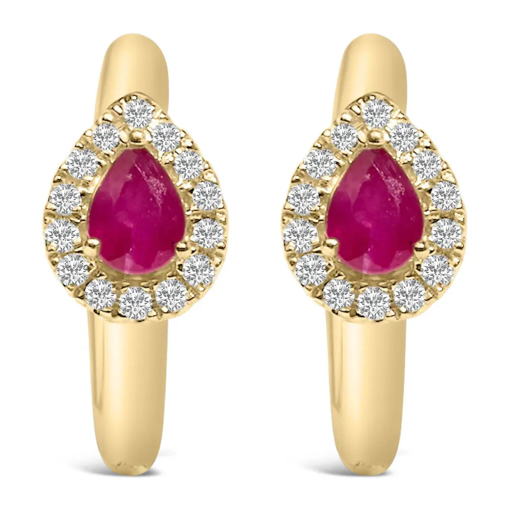 10K Yellow Gold Pear Cut Red Ruby 4x3 mm and 1/10 Cttw Round Diamond Huggy Earrings (I-J Color, I1-I2 Clarity) - Bijoux-NYC Direct