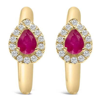 10K Yellow Gold Pear Cut Red Ruby 4x3 mm and 1/10 Cttw Round Diamond Huggy Earrings (I-J Color, I1-I2 Clarity) - Bijoux-NYC Direct