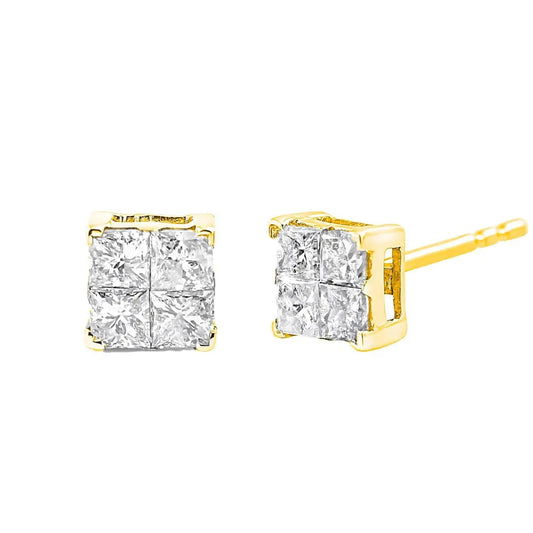 10K Yellow Gold Plated .925 Sterling Silver 1.0 Cttw Princess-Cut Diamond Composite Multi Stone Stud Earrings (J-K Color, SI2-I1 Clarity) - Bijoux-NYC Direct