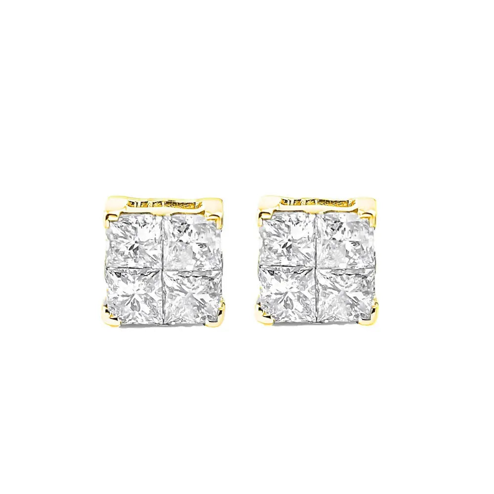 10K Yellow Gold Plated .925 Sterling Silver 1.0 Cttw Princess-Cut Diamond Composite Multi Stone Stud Earrings (J-K Color, SI2-I1 Clarity) - Bijoux-NYC Direct
