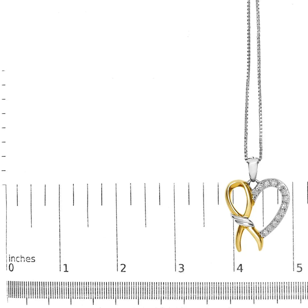 10k yellow gold plated.925 sterling silver 1/5 cttw diamond ribbon heart pendant necklace (h i color i2 i3 clarity) 18’’