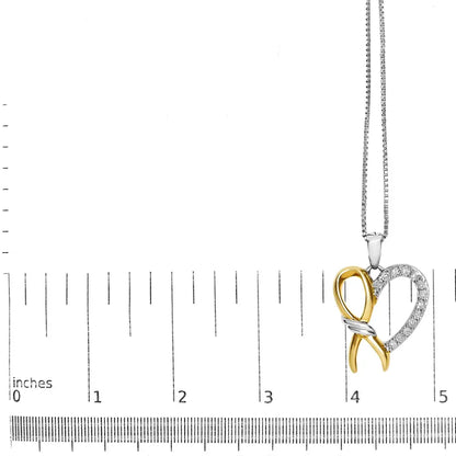 10k yellow gold plated.925 sterling silver 1/5 cttw diamond ribbon heart pendant necklace (h i color i2 i3 clarity) 18’’