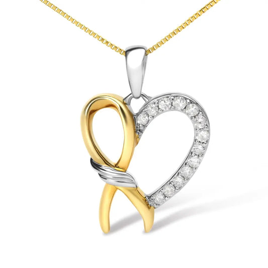 10k yellow gold plated.925 sterling silver 1/5 cttw diamond ribbon heart pendant necklace (h i color i2 i3 clarity) 18’’