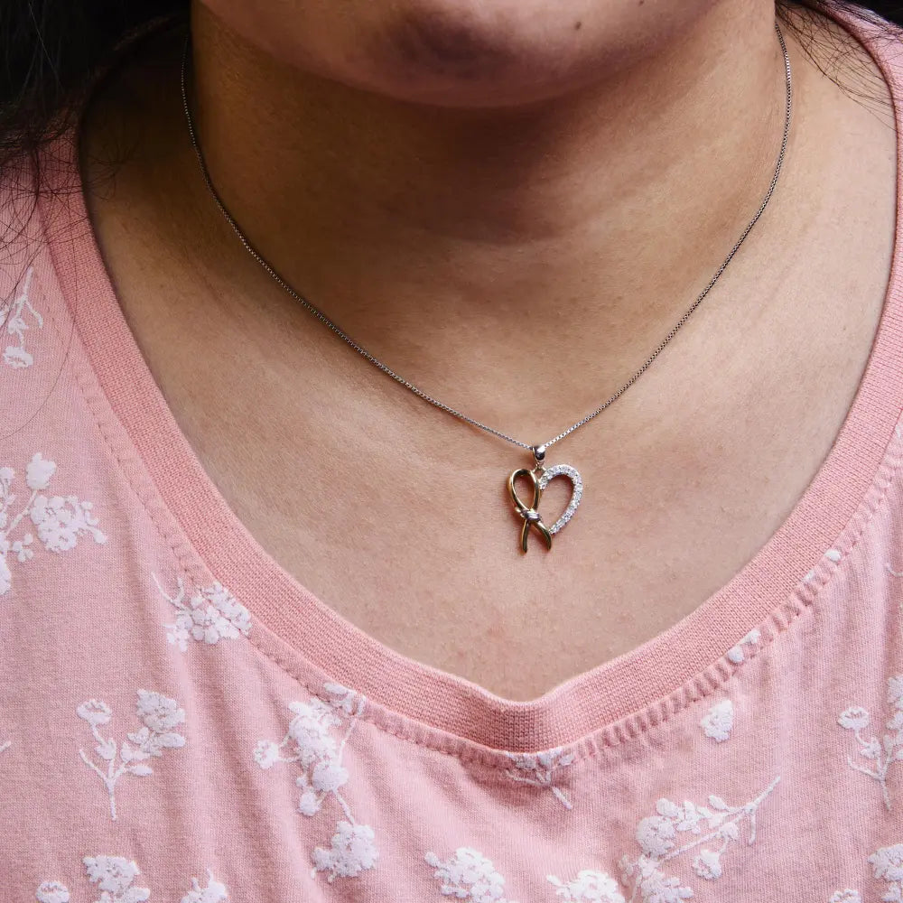 10k yellow gold plated.925 sterling silver 1/5 cttw diamond ribbon heart pendant necklace (h i color i2 i3 clarity) 18’’