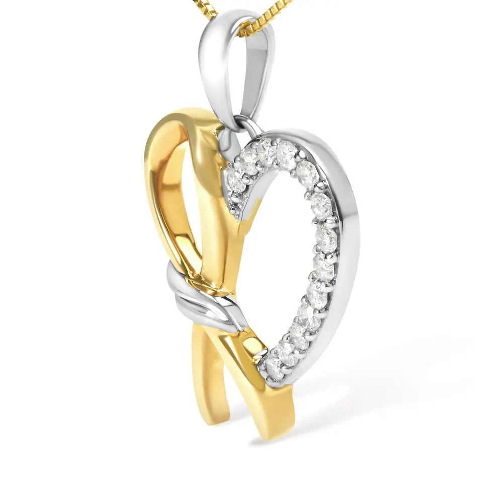 10k yellow gold plated.925 sterling silver 1/5 cttw diamond ribbon heart pendant necklace (h i color i2 i3 clarity) 18’’