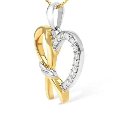10k yellow gold plated.925 sterling silver 1/5 cttw diamond ribbon heart pendant necklace (h i color i2 i3 clarity) 18’’