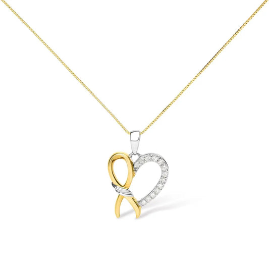 10k yellow gold plated.925 sterling silver 1/5 cttw diamond ribbon heart pendant necklace (h i color i2 i3 clarity) 18’’