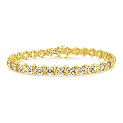 10K Yellow Gold Plated .925 Sterling Silver 2.0 Cttw Round Diamond Cluster "X" Shaped Link Bracelet (H-I Color, I3 Clarity) - 7" - Bijoux-NYC Direct