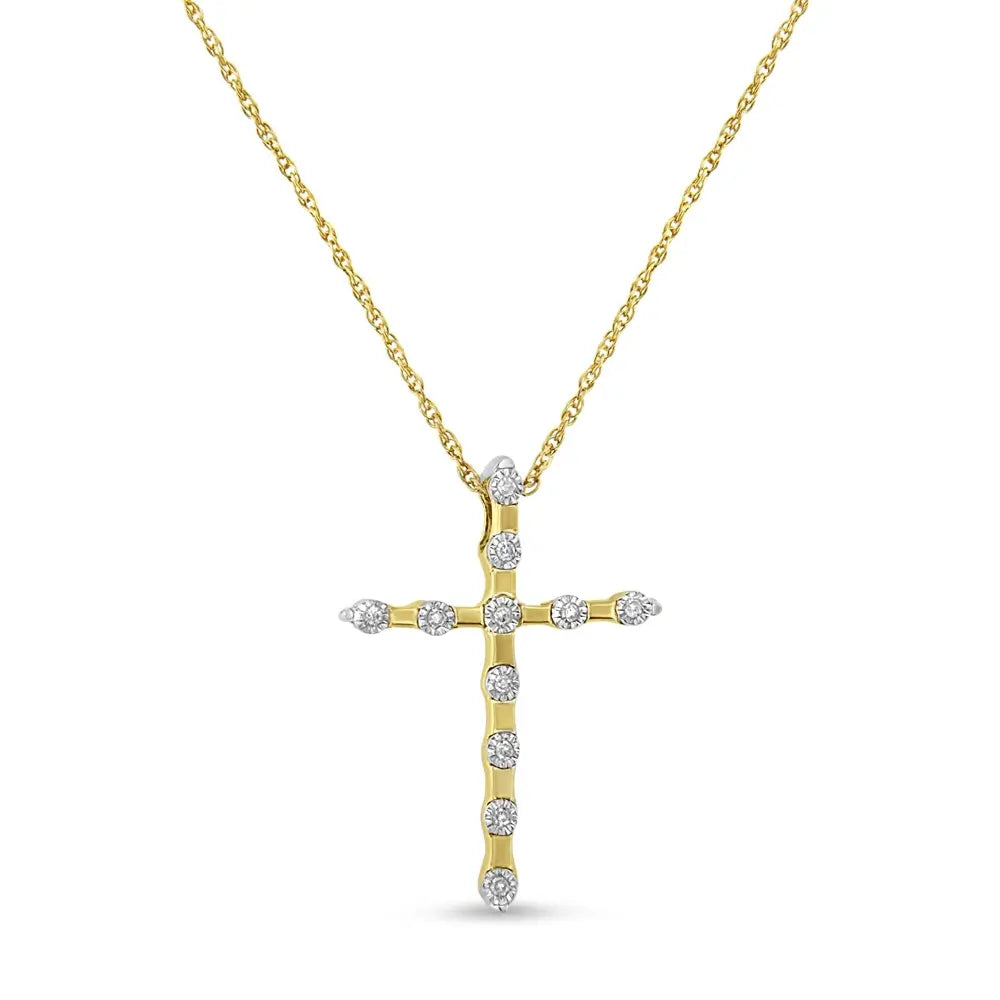10K Yellow Gold Plated .925 Sterling Silver Miracle Set Diamond Accent Cross 18" Pendant Necklace (I-J Color, I3 Clarity) - Bijoux-NYC Direct