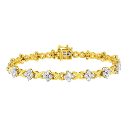 10K Yellow Gold Plated Sterling Silver 1/4 cttw Diamond 4 Leaf Clover Link Tennis Bracelet (I-J Color, I2-I3 Clarity) - Size 7.25" - Bijoux-NYC Direct
